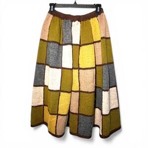 Vintage Mid Century S-M Knit Sweater Skirt Fit Flare Midi Patchwork Checked MCM